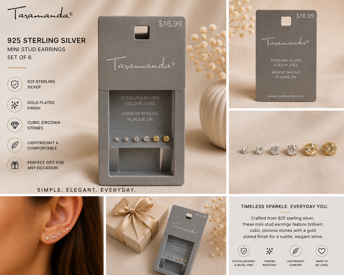 Sterling Silver Gold Plated Mini Stud Earrings Set of 6 | Now Over 10% Off