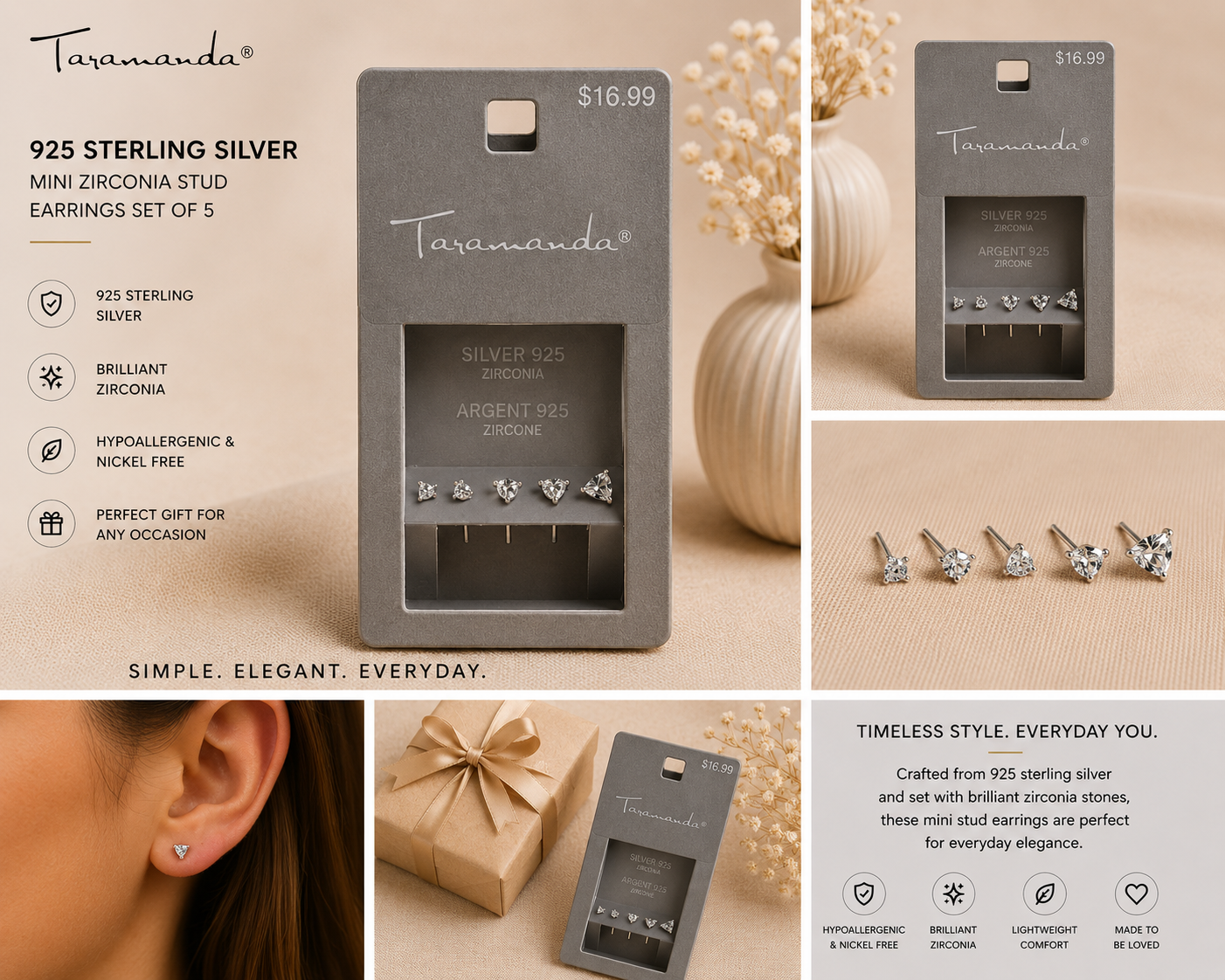 terling Silver Zirconia Mini Stud Earrings Set – Set of 5 | Now Over 10% Off